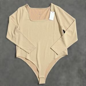 A New Day Bodysuit 2X Womens Rib Knit Slim Fit Tan Square Neck Long Sleeve New